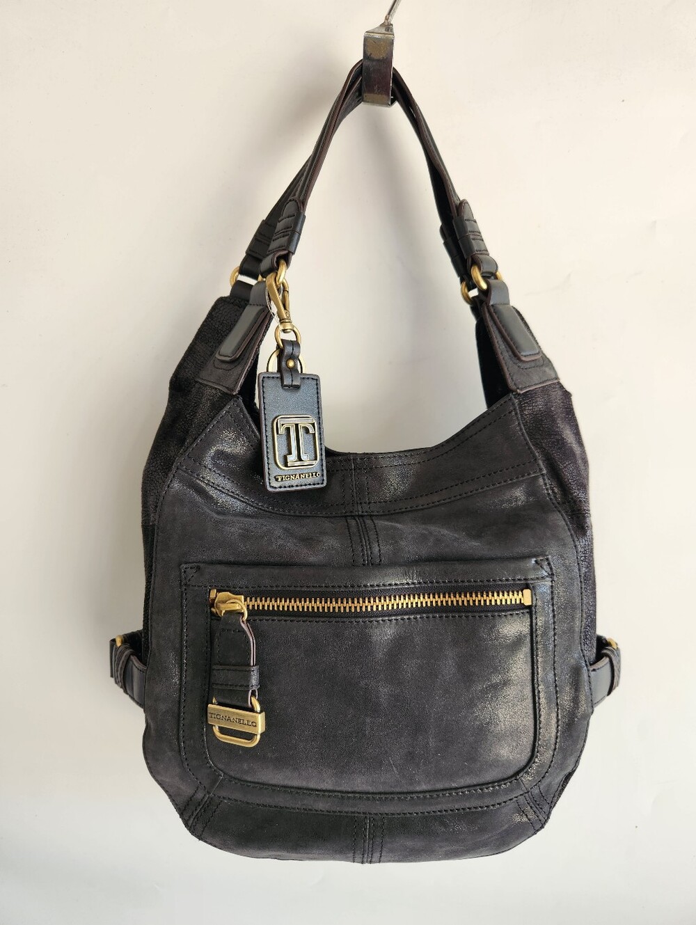Tignanello Mixed Leather Hobo Bag Gold Hardware